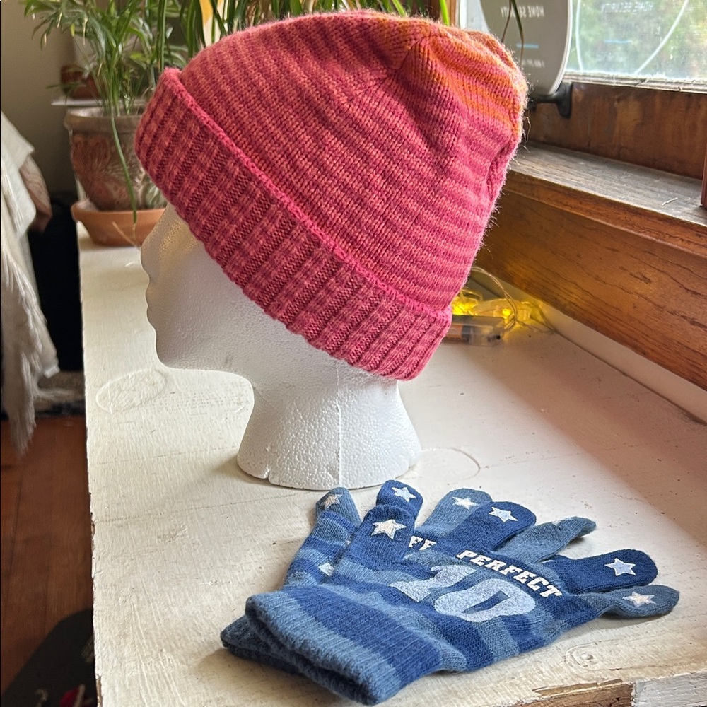 Pink Knit Beanie and Gloves Set for Teens or Adults